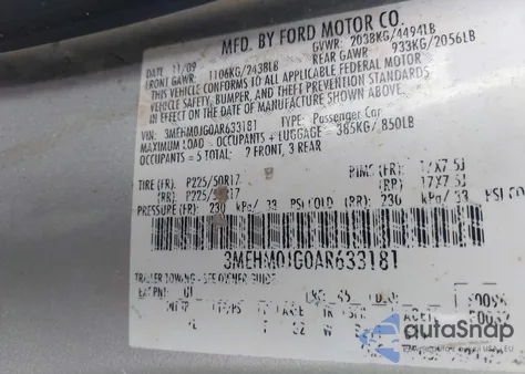 2010 Mercury Milan Premier from USA, damaged, VIN 3MEHM0JG0AR633181